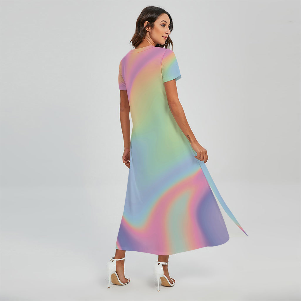 fitted lace wedding dress Pastel Holographic Print Short Sleeve Maxi Dress