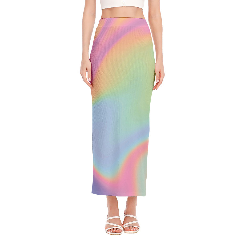Pastel Holographic Print Side Slit Maxi Skirt