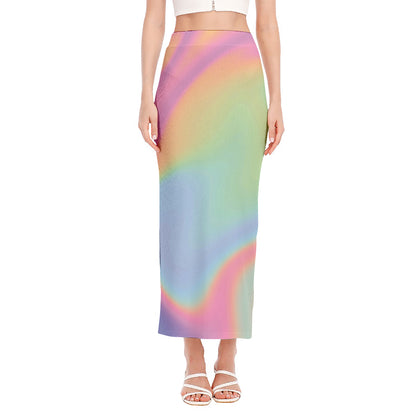 Pastel Holographic Print Side Slit Maxi Skirt
