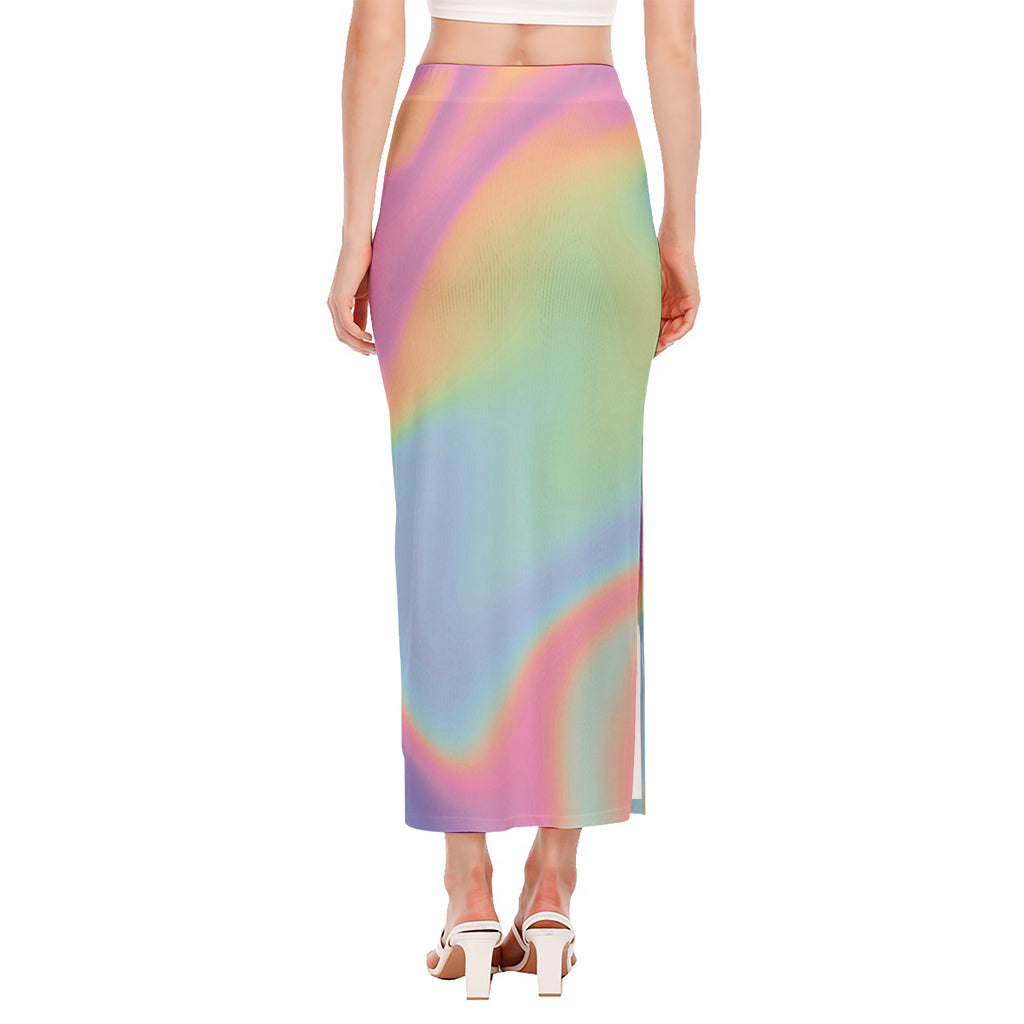 Pastel Holographic Print Side Slit Maxi Skirt