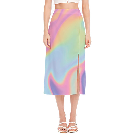 Pastel Holographic Print Side Slit Midi Skirt