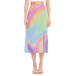 Pastel Holographic Print Side Slit Midi Skirt