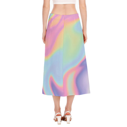 Pastel Holographic Print Side Slit Midi Skirt