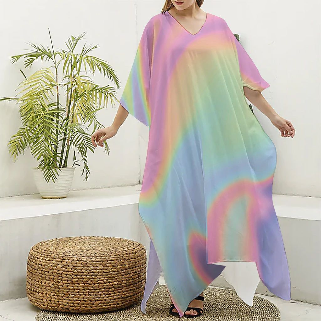 Pastel Holographic Print Silk V-Neck Kaftan Dress