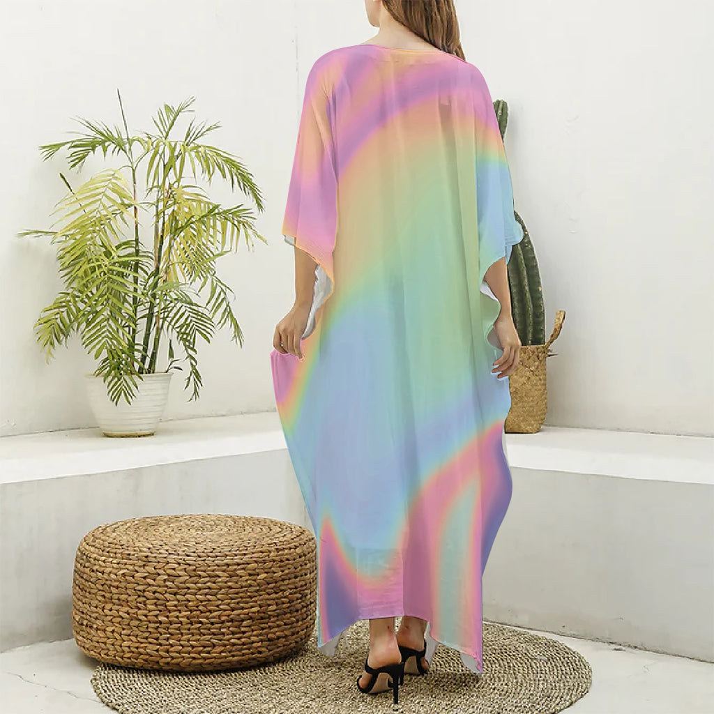 Pastel Holographic Print Silk V-Neck Kaftan Dress
