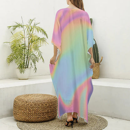 Pastel Holographic Print Silk V-Neck Kaftan Dress