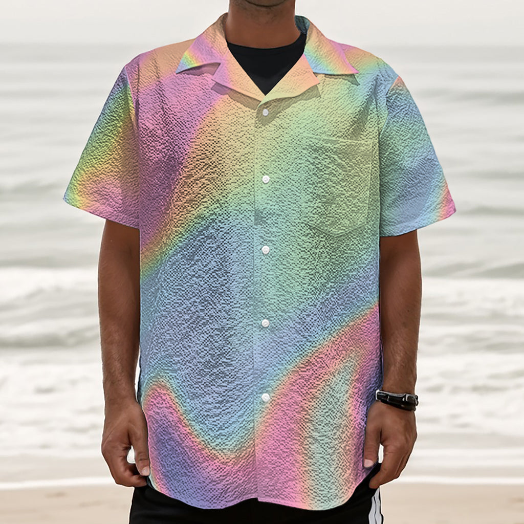 Pastel Holographic Print Textured Short Sleeve Shirt
