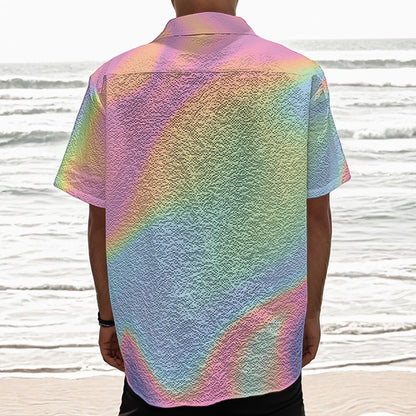 Pastel Holographic Print Textured Short Sleeve Shirt