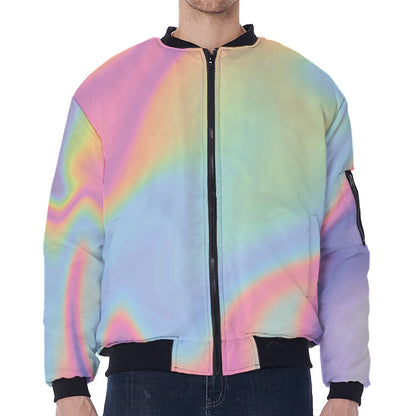 Pastel Holographic Print Zip Sleeve Bomber Jacket