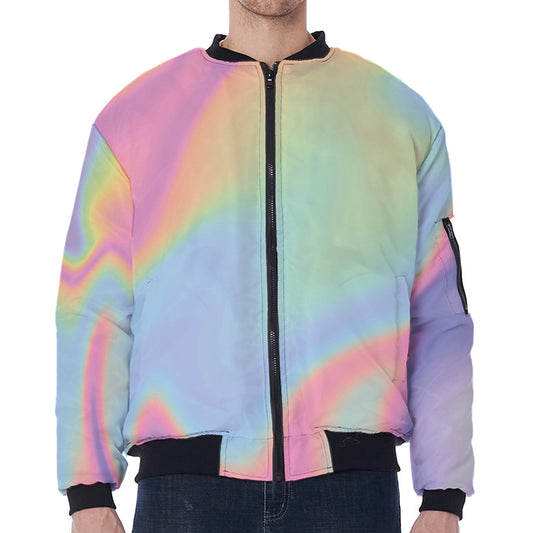 Pastel Holographic Print Zip Sleeve Bomber Jacket