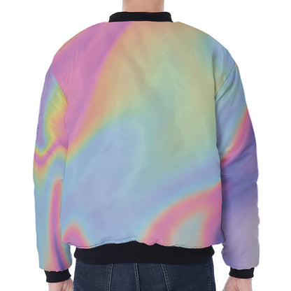 Pastel Holographic Print Zip Sleeve Bomber Jacket