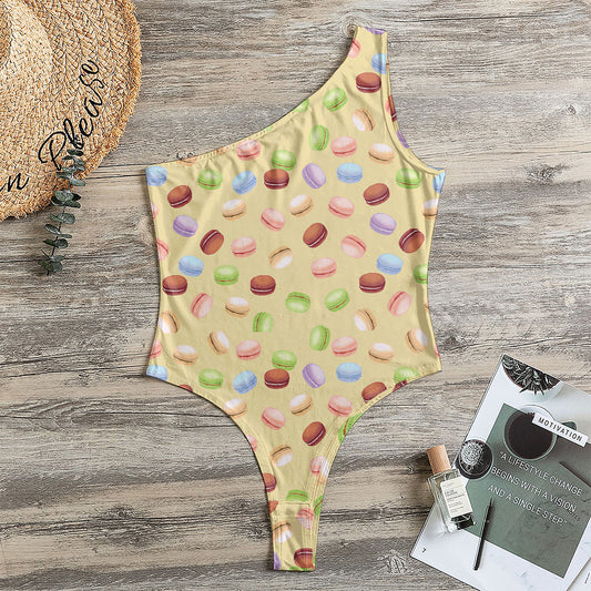 Pastel Macaron Pattern Print One Shoulder Bodysuit