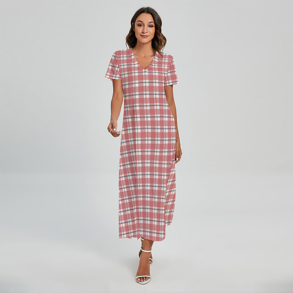 Pastel Madras Pattern Print Short Sleeve Maxi Dress