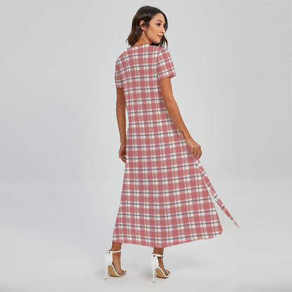 Pastel Madras Pattern Print Short Sleeve Maxi Dress