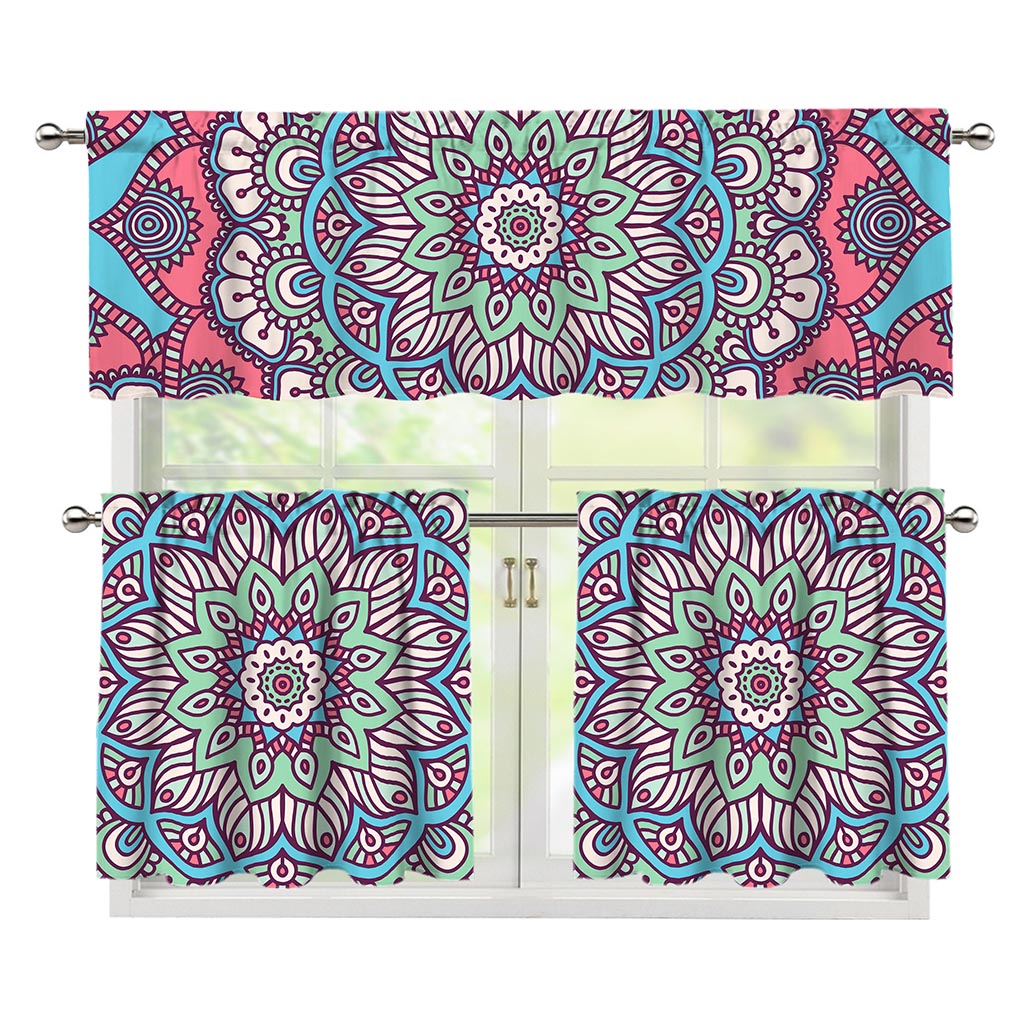 Pastel Mandala Bohemian Pattern Print 3 Piece Kitchen Curtains