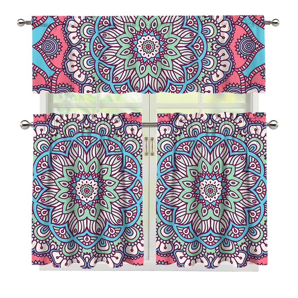 Pastel Mandala Bohemian Pattern Print 3 Piece Kitchen Curtains