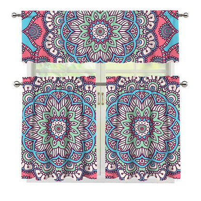 Pastel Mandala Bohemian Pattern Print 3 Piece Kitchen Curtains