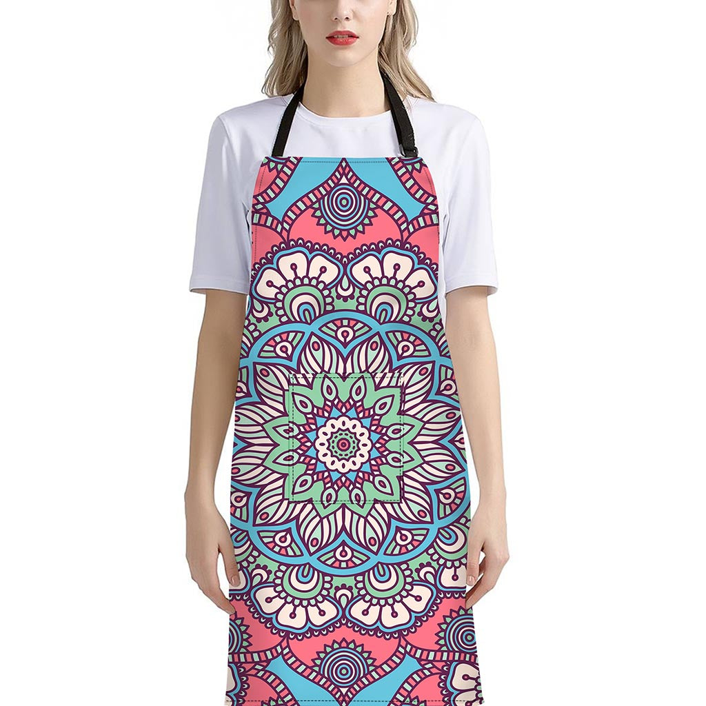 Pastel Mandala Bohemian Pattern Print Bib Apron With Pocket