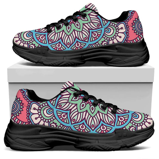 Pastel Mandala Bohemian Pattern Print Black Chunky Shoes