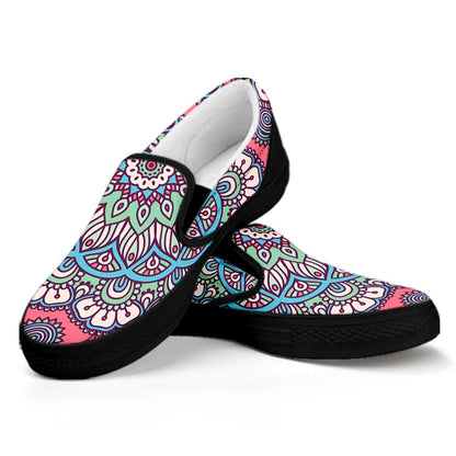 Pastel Mandala Bohemian Pattern Print Black Slip On Sneakers