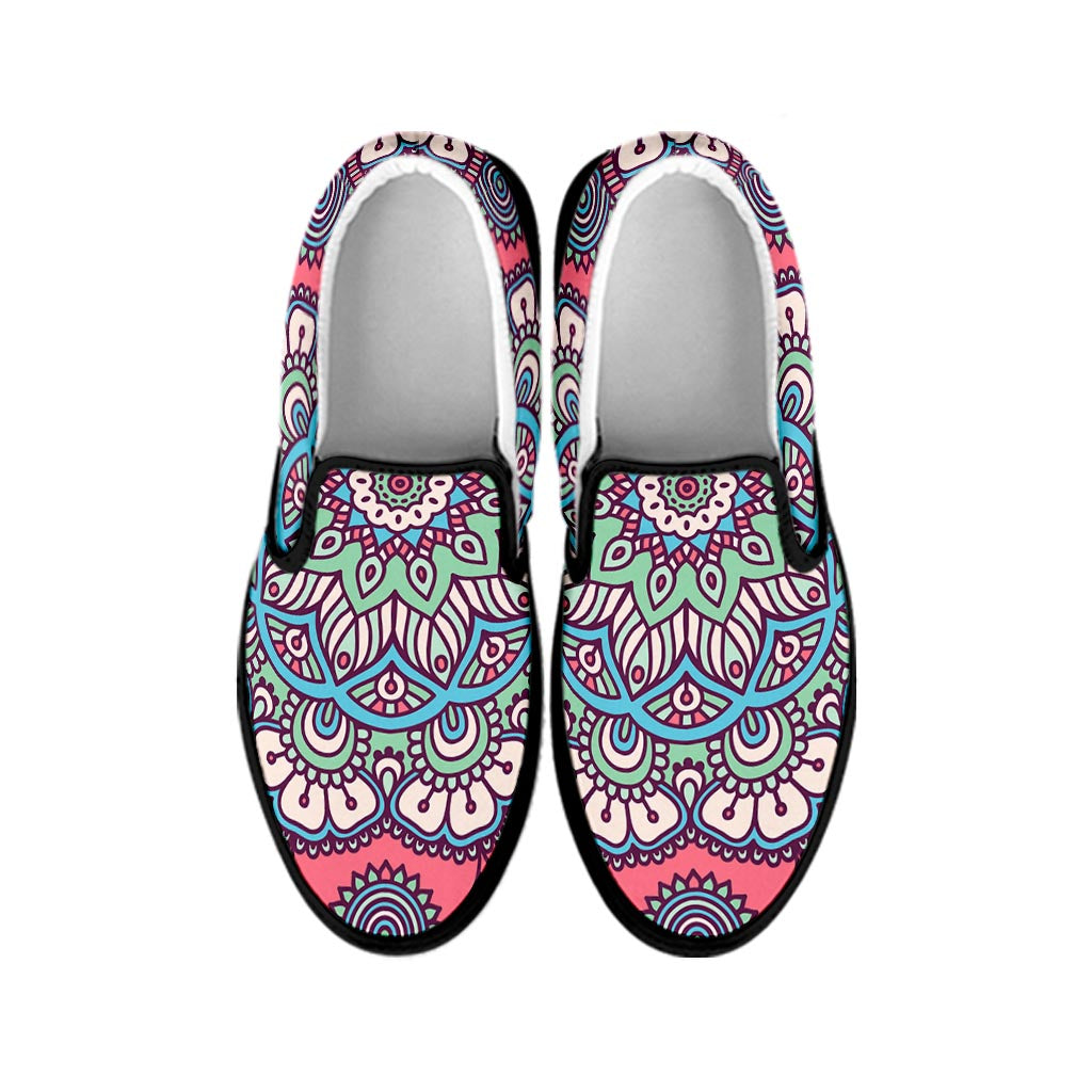 Pastel Mandala Bohemian Pattern Print Black Slip On Sneakers