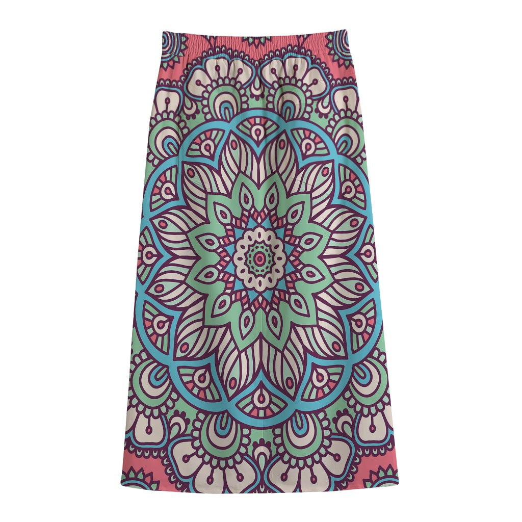 Pastel Mandala Bohemian Pattern Print Cotton Front Slit Maxi Skirt