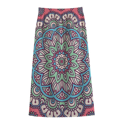 Pastel Mandala Bohemian Pattern Print Cotton Front Slit Maxi Skirt