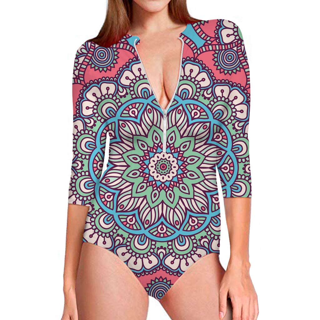 Pastel Mandala Bohemian Pattern Print Long Sleeve Swimsuit