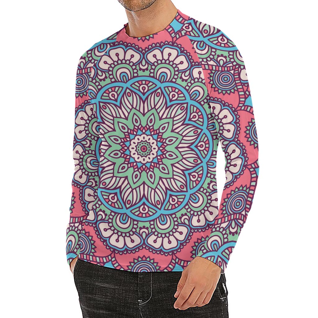 Pastel Mandala Bohemian Pattern Print Men's Long Sleeve Rash Guard