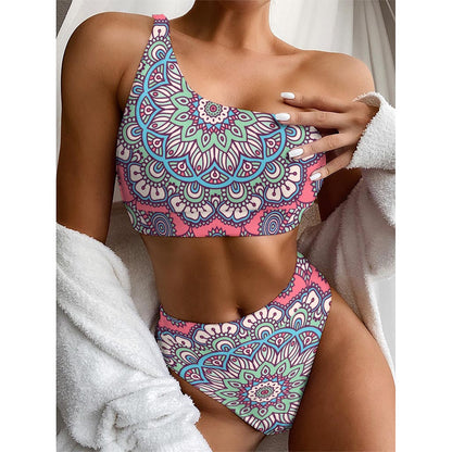Pastel Mandala Bohemian Pattern Print One Shoulder Bikini Top