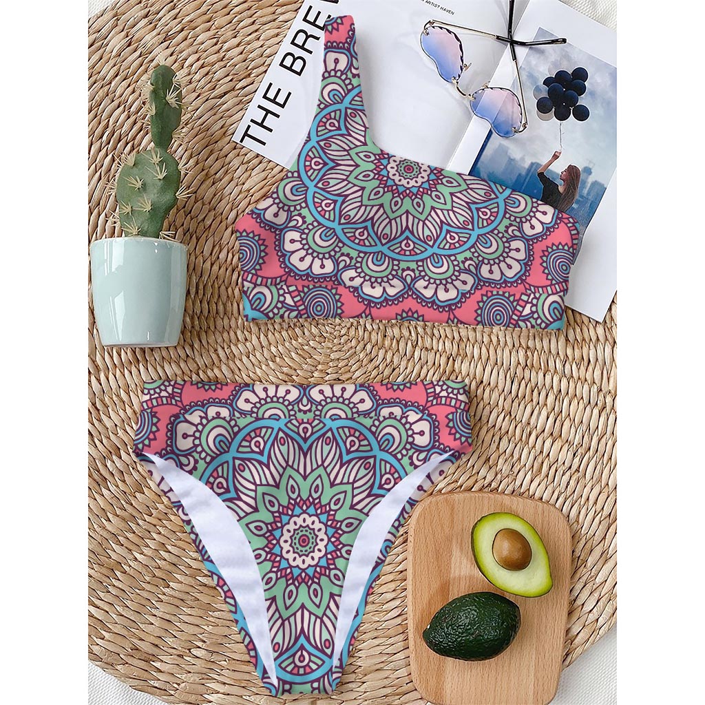 Pastel Mandala Bohemian Pattern Print One Shoulder Bikini Top