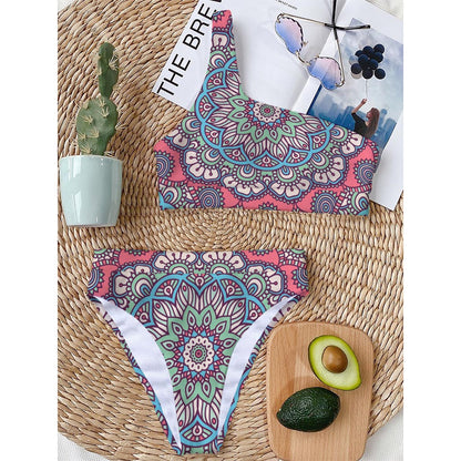 Pastel Mandala Bohemian Pattern Print One Shoulder Bikini Top