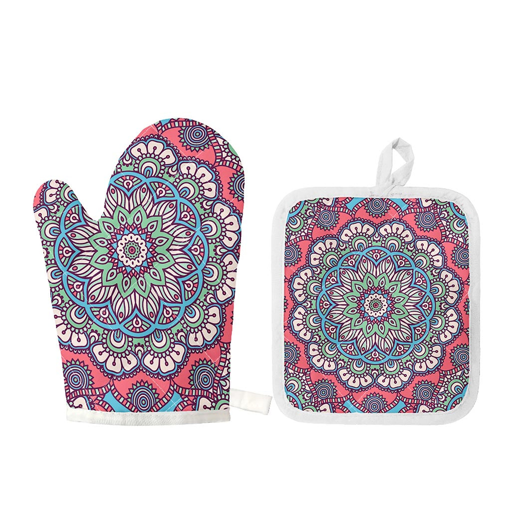 Pastel Mandala Bohemian Pattern Print Oven Mitt And Pot Holder Set