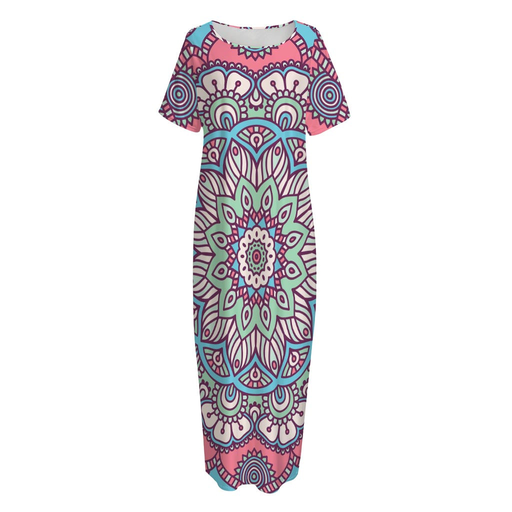 Pastel Mandala Bohemian Pattern Print Short Sleeve Long Nightdress