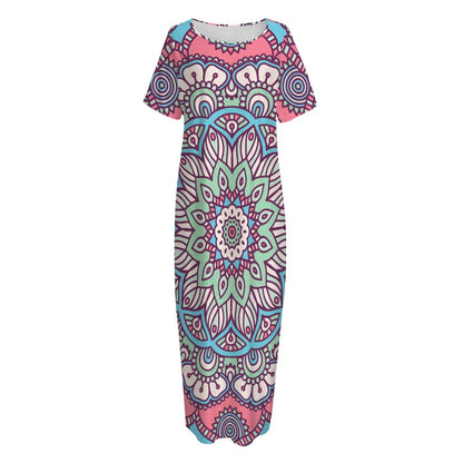 Pastel Mandala Bohemian Pattern Print Short Sleeve Long Nightdress
