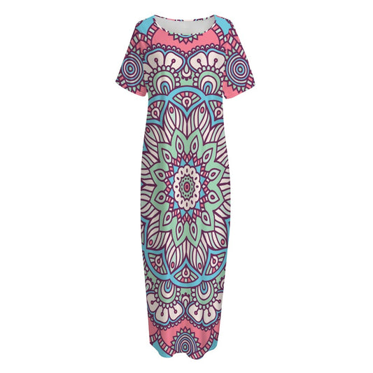 Pastel Mandala Bohemian Pattern Print Short Sleeve Long Nightdress