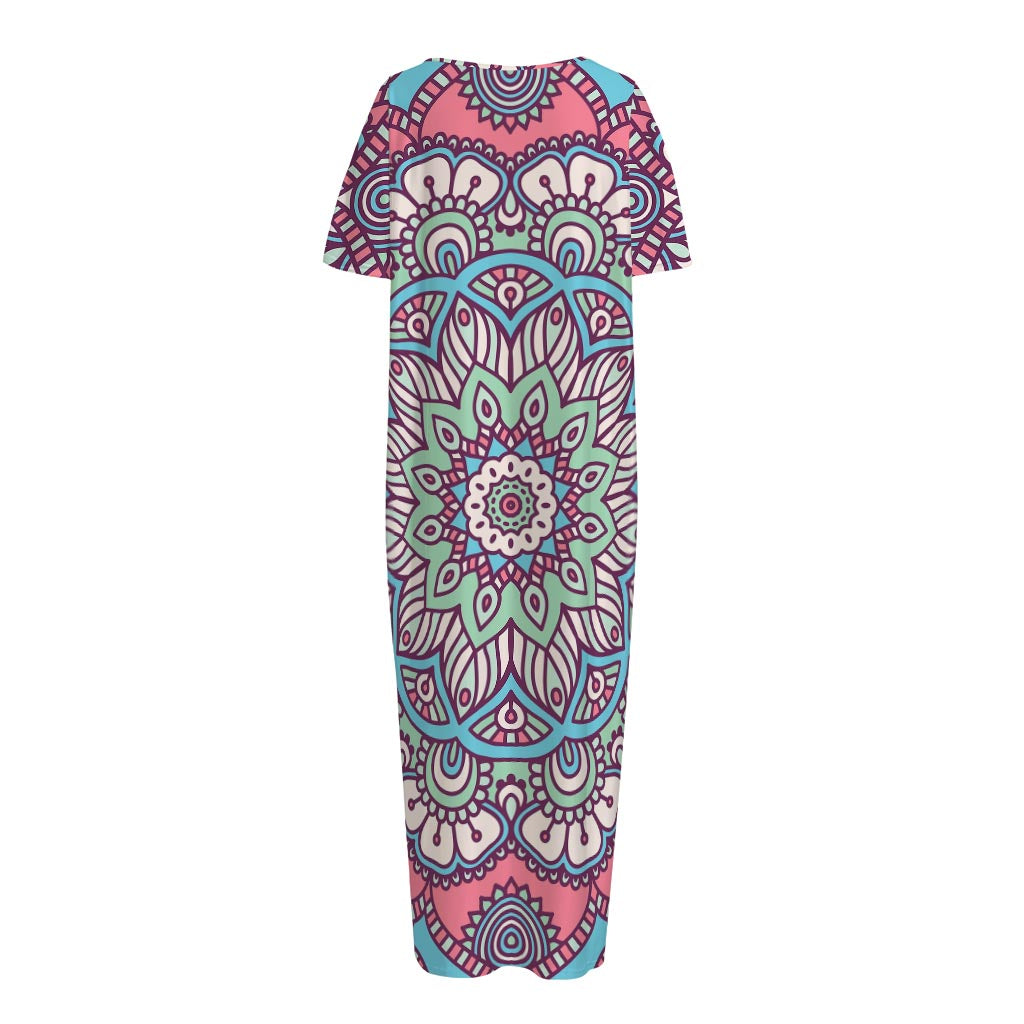 Pastel Mandala Bohemian Pattern Print Short Sleeve Long Nightdress