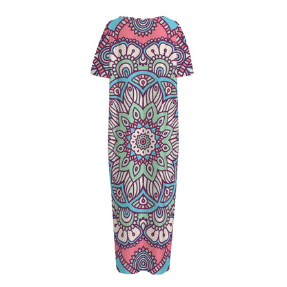 Pastel Mandala Bohemian Pattern Print Short Sleeve Long Nightdress