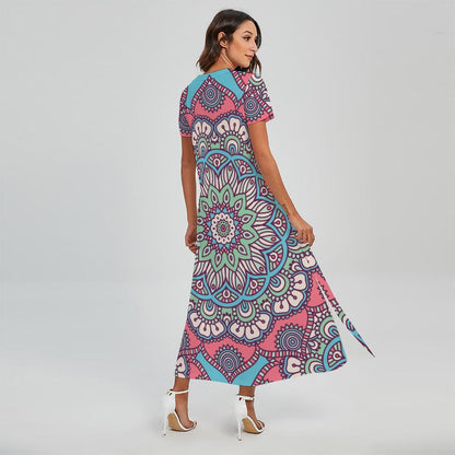 Pastel Mandala Bohemian Pattern Print Short Sleeve Maxi Dress