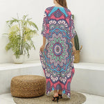 Pastel Mandala Bohemian Pattern Print Silk V-Neck Kaftan Dress