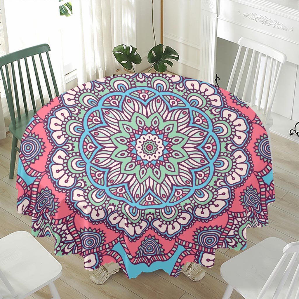 Pastel Mandala Bohemian Pattern Print Waterproof Round Tablecloth
