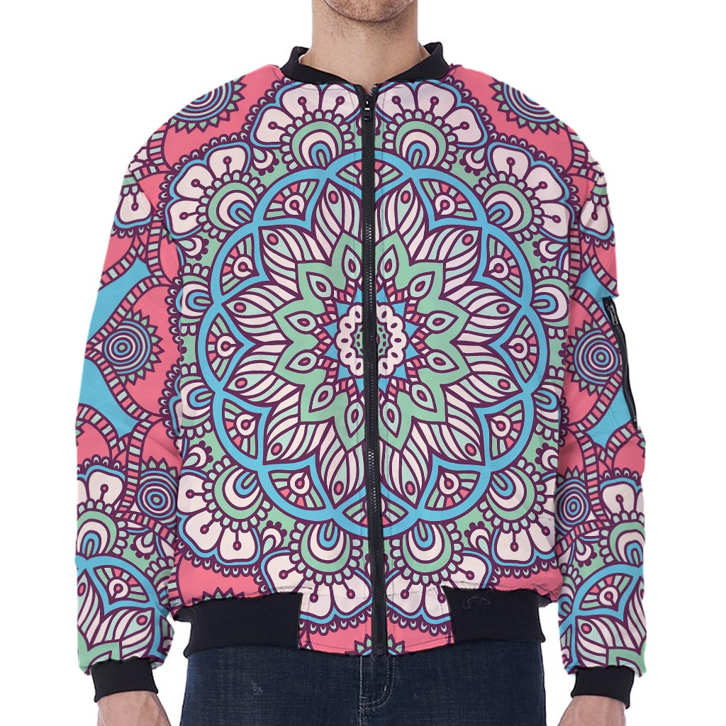 Pastel Mandala Bohemian Pattern Print Zip Sleeve Bomber Jacket