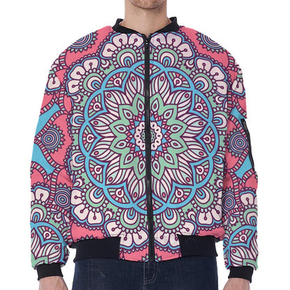 Pastel Mandala Bohemian Pattern Print Zip Sleeve Bomber Jacket
