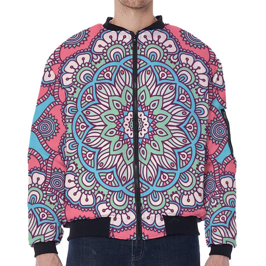 Pastel Mandala Bohemian Pattern Print Zip Sleeve Bomber Jacket