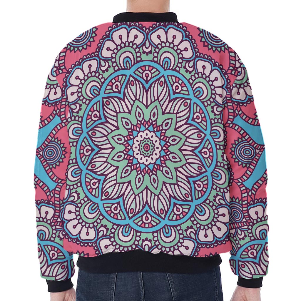 Pastel Mandala Bohemian Pattern Print Zip Sleeve Bomber Jacket
