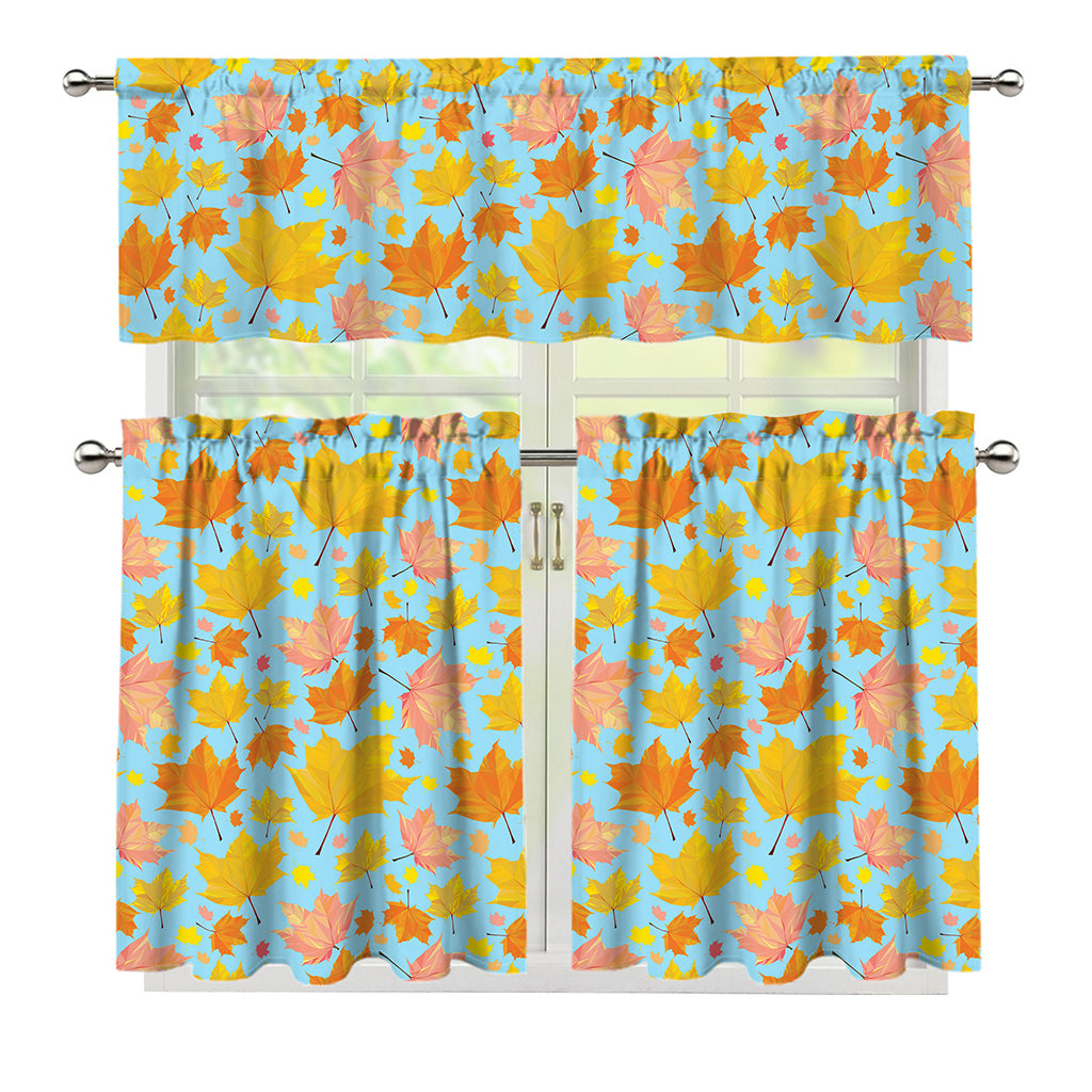 Pastel Maple Leaves Pattern Print 3 Piece Kitchen Curtains