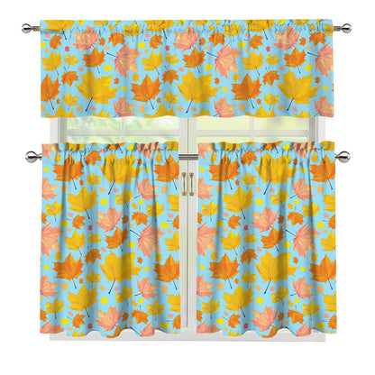 Pastel Maple Leaves Pattern Print 3 Piece Kitchen Curtains