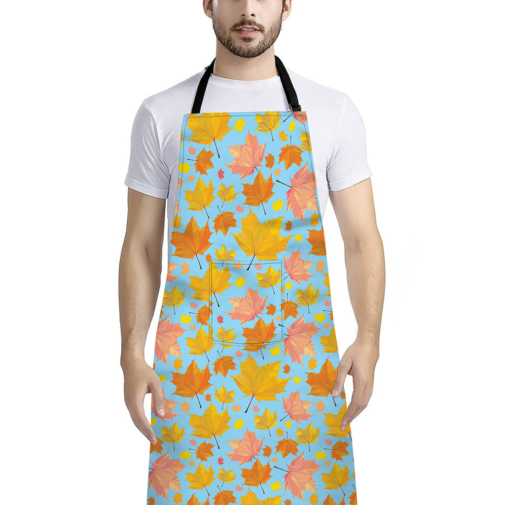 Pastel Maple Leaves Pattern Print Bib Apron With Pocket