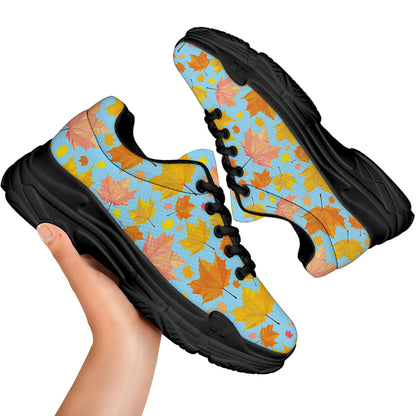 Pastel Maple Leaves Pattern Print Black Chunky Shoes