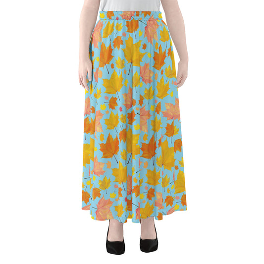 Pastel Maple Leaves Pattern Print Chiffon Maxi Skirt